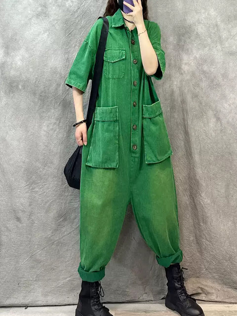 Women Summer Vintage Pure Color Loose Jumpsuits