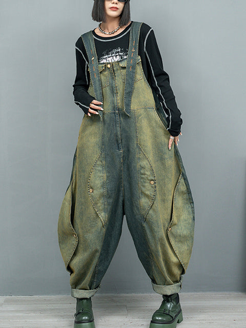 Women Spring Retro Tie-dye Denim Jumpsuits