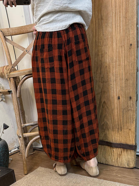 Women Spring Retro Plaid Loose Wide-leg Pants