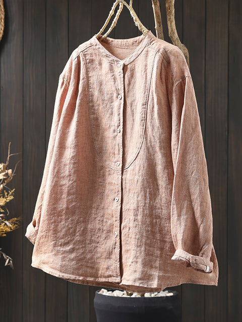 Women Spring Pure Color Stand Collar 100%Linen Shirt