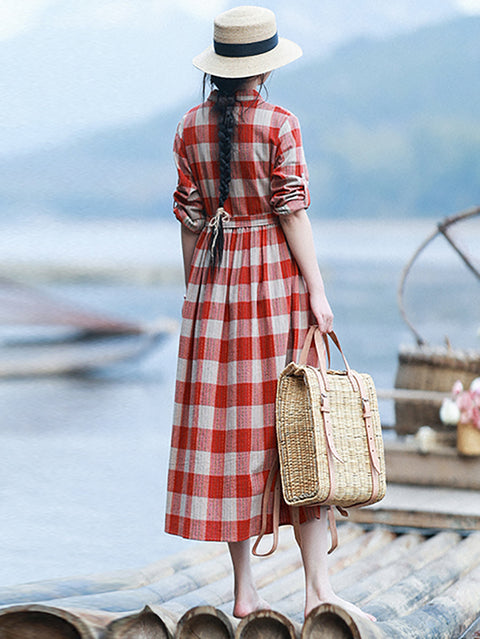 Women Spring Artsy Plaid Turn-down Collar 100%Cotton Dress