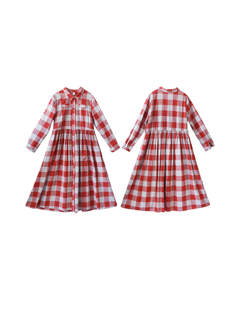 Women Spring Artsy Plaid Turn-down Collar 100%Cotton Dress