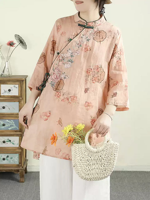 Women Ethnic Spring Flower Stand Collar Ramie Shirt