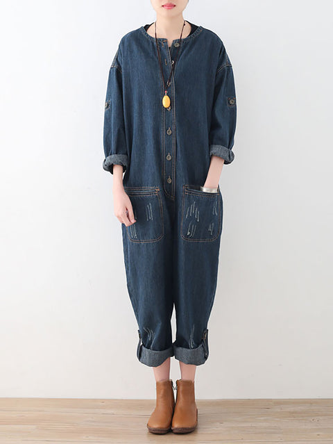 Women Spring Vintage Denim O-Neck Loose Jumpsuits