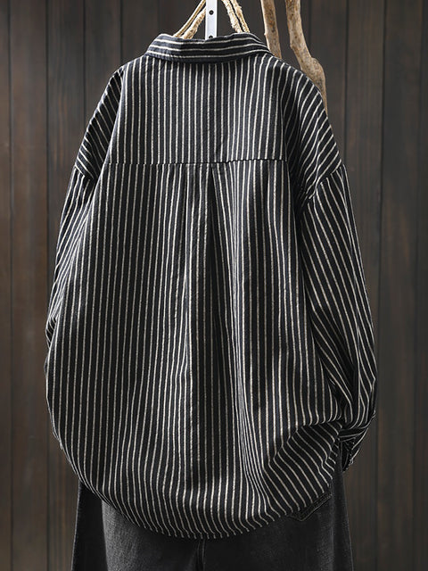 Women Spring 100%Cotton Stripe Turn-down Collar Shirt