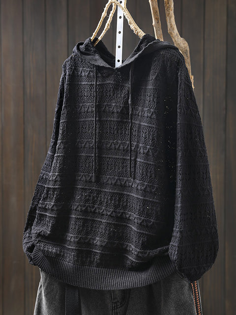 Women Spring Artsy Knit Cotton Hooded Shirt