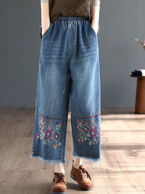 Women Spring Ethnic Denim Embroidery Wide-leg Pants