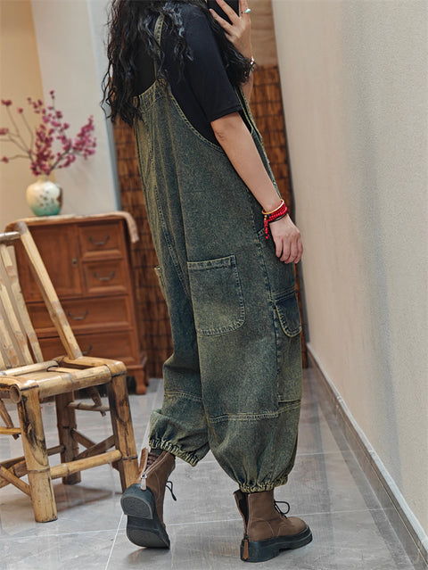 Women Spring Worn Washed Denim Loose Jumpsuits