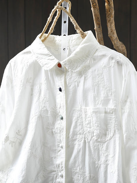 Women Spring 100%Cotton Jacquard Turn-down Collar Shirt