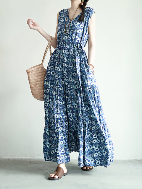 Women Summer Artsy Flower V-Neck Vest Maxi Dress