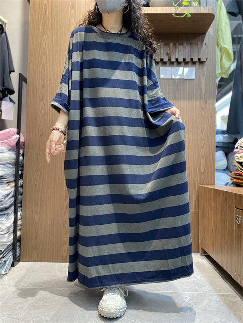 Women Spring Artsy Stripe O-Neck Maxi Dress