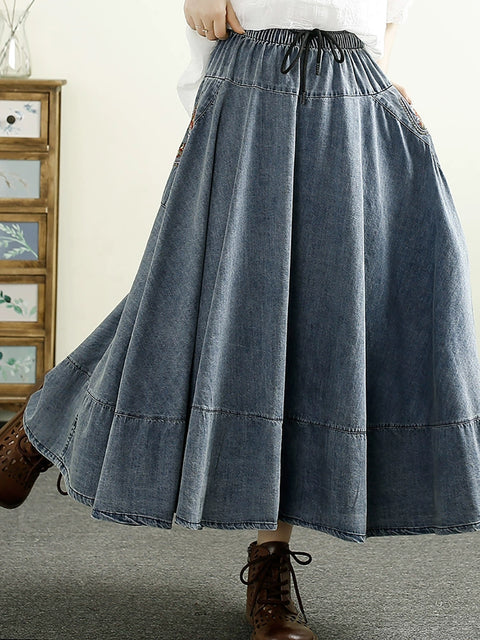 Women Spring Retro Embroidery A-Shape Denim Skirt