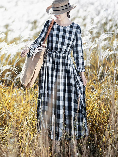 Women Spring Vintage Lattice Strap Waist Dress