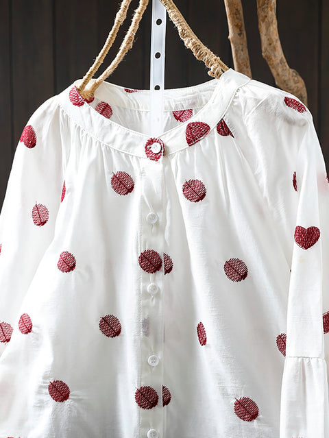 Women Artsy Heart Dot Embroidery 100%Cotton Shirt