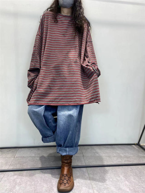 Women Spring Casual Stripe Cotton Long Shirt