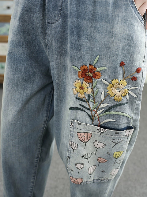 Women Casual Flower Embroidery Denim Harem Pants