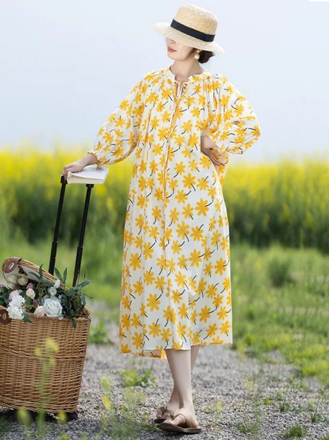 Women Vintage Spring Flower Stand Collar Loose Dress