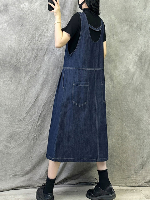 Women Spring Artsy Pure Color Denim Suspender Dress