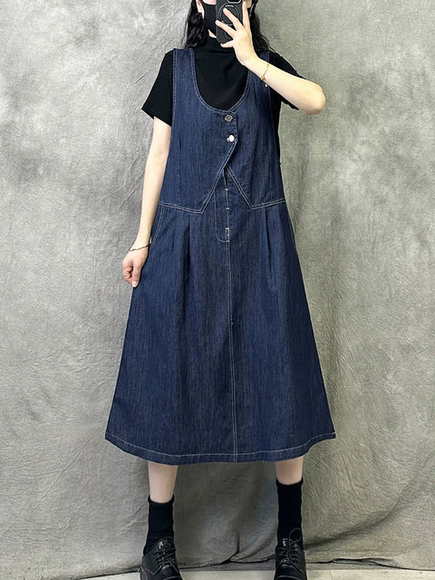 Women Spring Artsy Pure Color Denim Suspender Dress