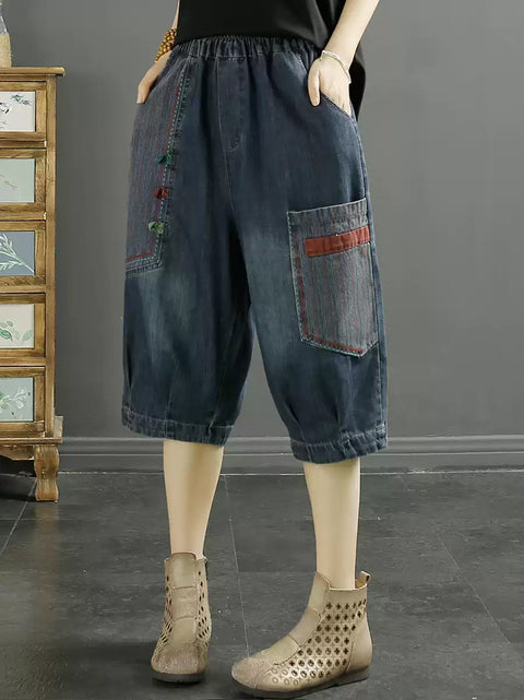 Kvinder Retro Patch Splejset Denim Harem Mellembukser