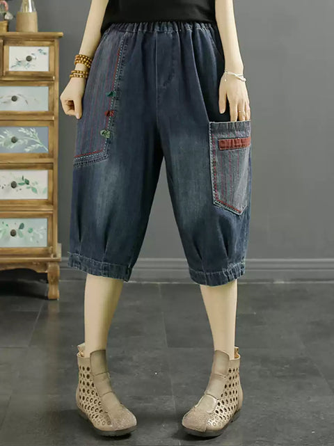 Kvinder Retro Patch Splejset Denim Harem Mellembukser