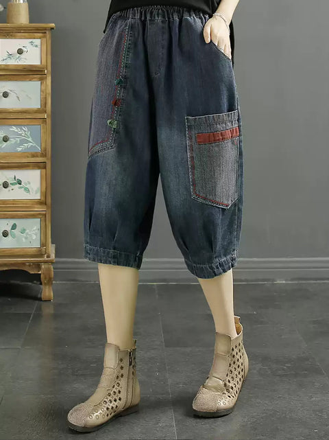 Kvinder Retro Patch Splejset Denim Harem Mellembukser