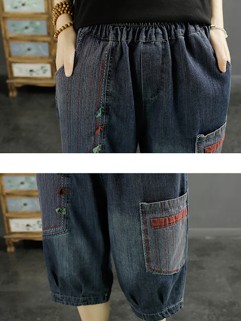 Kvinder Retro Patch Splejset Denim Harem Mellembukser