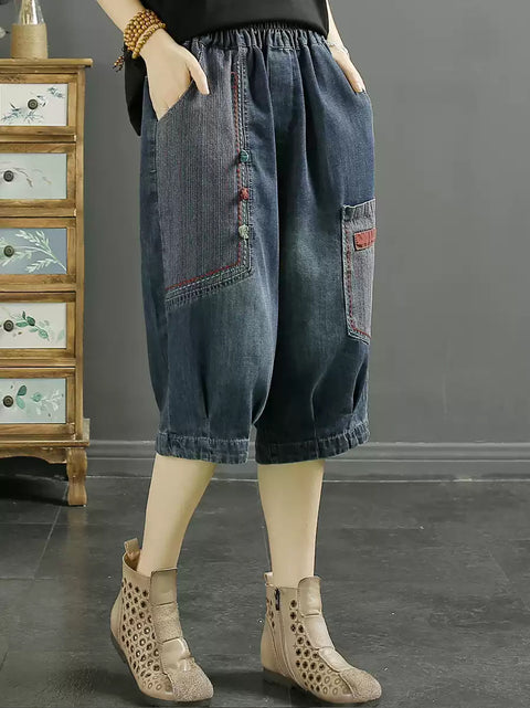 Kvinder Retro Patch Splejset Denim Harem Mellembukser