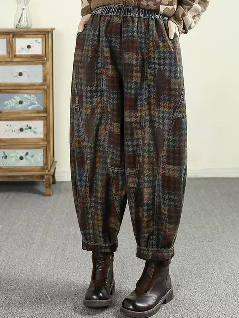 Women Vintage Plaid 100%Cotton Harem Pants