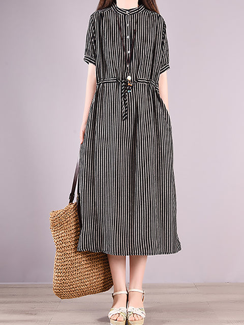 Women Summer Artsy Stripe Strand Collar Linen Dress