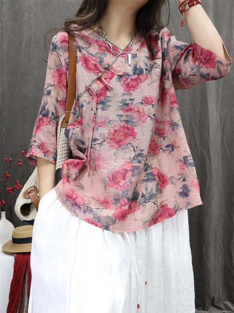 Women Spring Ethnic V-Neck Flower 100%Ramie Shirt