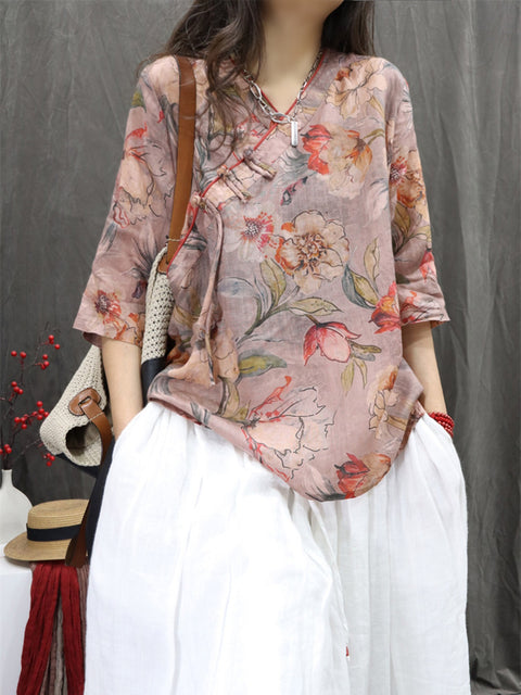 Women Spring Ethnic V-Neck Flower 100%Ramie Shirt