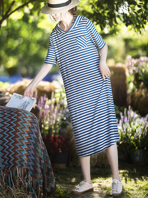 Women Summer Casual Stripe Hooded Loose Dress