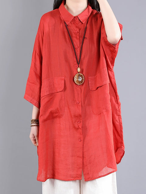 Women Summer Pure Color Ramie Long Shirt