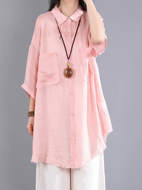 Women Summer Pure Color Ramie Long Shirt