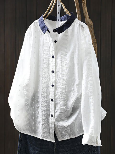 Kvinder Spring Artsy Colorblock Broderi Turn-down Collar Shirt