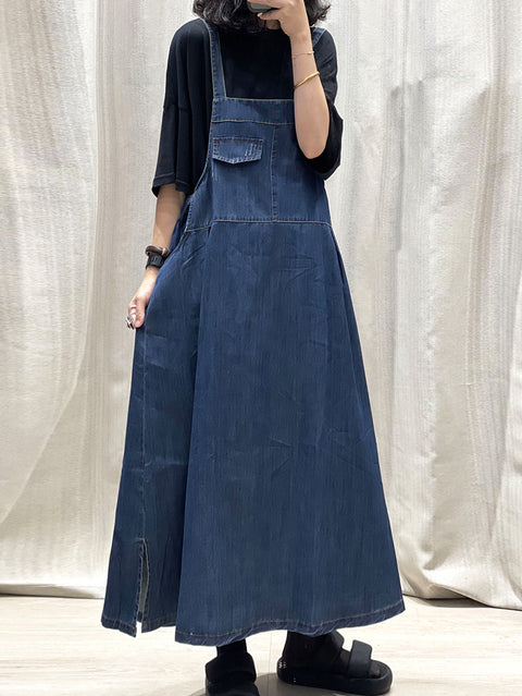 Kvinder Spring Pure Color Denim Maxi Suspender Kjole