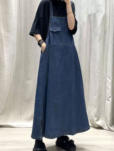 Kvinder Spring Pure Color Denim Maxi Suspender Kjole