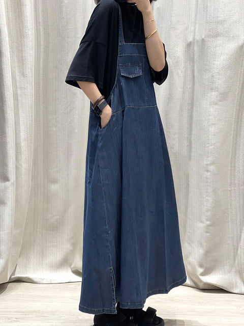 Kvinder Spring Pure Color Denim Maxi Suspender Kjole