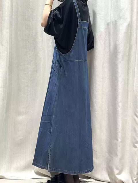 Kvinder Spring Pure Color Denim Maxi Suspender Kjole