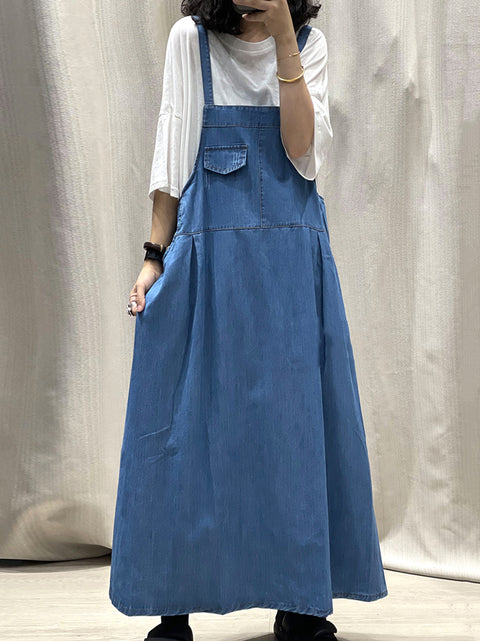 Kvinder Spring Pure Color Denim Maxi Suspender Kjole