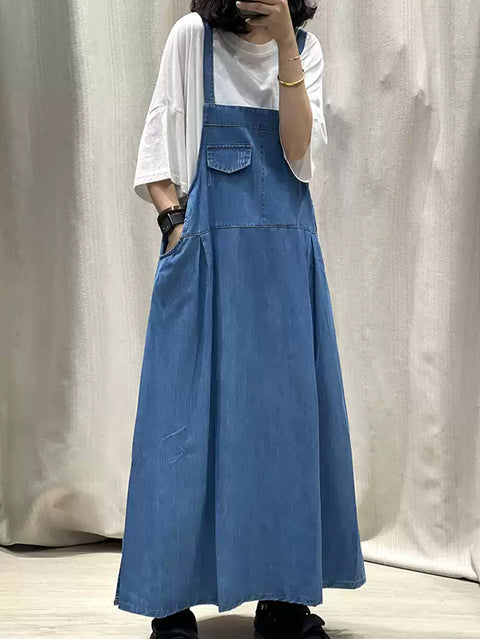 Kvinder Spring Pure Color Denim Maxi Suspender Kjole