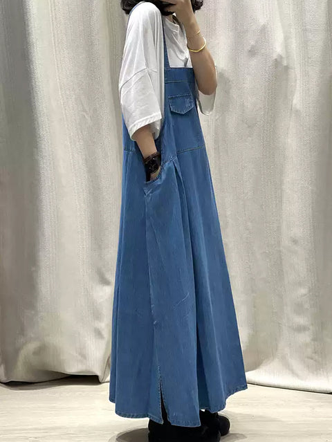 Kvinder Spring Pure Color Denim Maxi Suspender Kjole