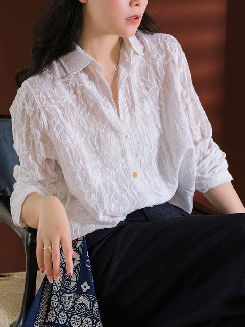 Women Summer Embroidery 100%Cotton Turn-down Collar Shirt