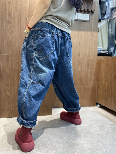 Women Vinage Pure Color Denim Spliced Harem Pants