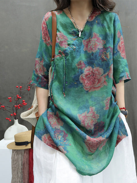 Women Spring Vintage Flower V-Neck 100%Ramie Shirt