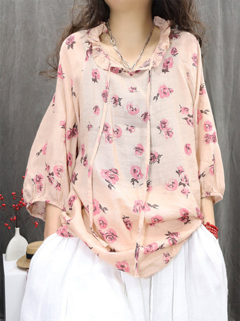 Women Artsy Flower Lace Collar 100%Ramie Shirt