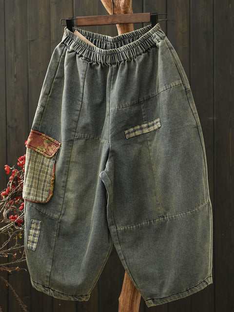 Kvinder Vinage Denim Patch Splejset Harem Pants