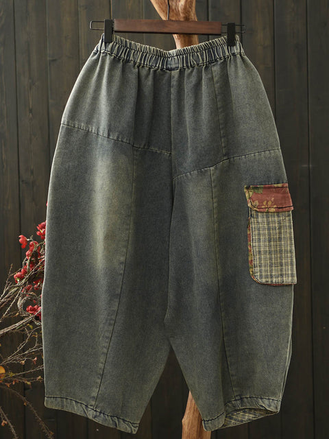 Kvinder Vinage Denim Patch Splejset Harem Pants