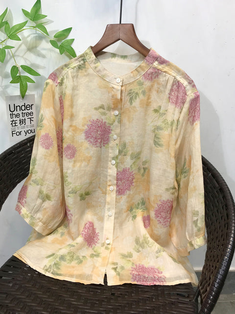 Women Spring Artsy Flower Stand Collar 100%Ramie Shirt